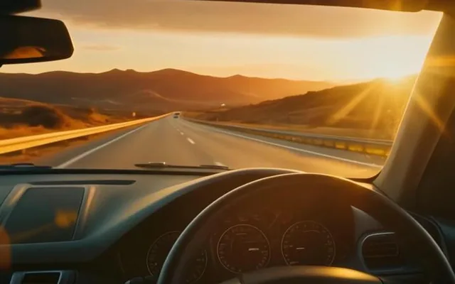 Tablero de un auto en la ruta al atardecer